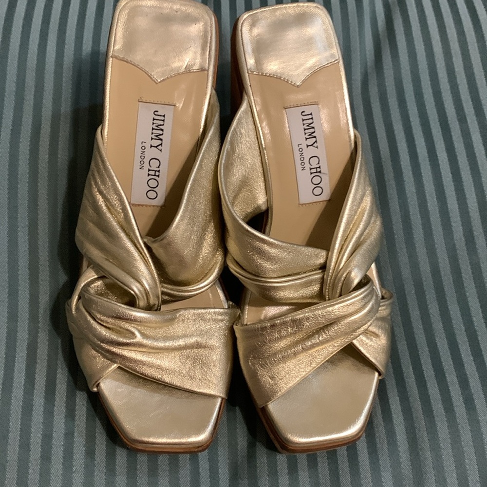 Jimmy Choo London Gold Platform Leather Sandals Mules Size EU 37 1/2/US 6 1/2